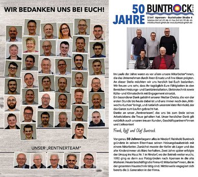 Die Mitarbeiter des Unternehmens sind in einer kreativen Anordnung abgebildet, um ihre Beiträge über die Jahre zu feiern und zu würdigen.