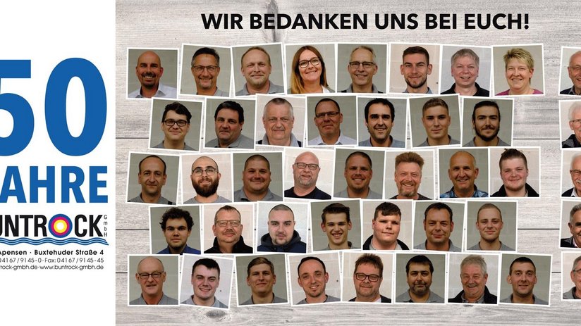 Die Feier zum 50-jährigen Bestehen von BUNTROCK wird durch eine Sammlung von Mitarbeiterfotos in einem herzlichen, einladenden Layout dargestellt.
